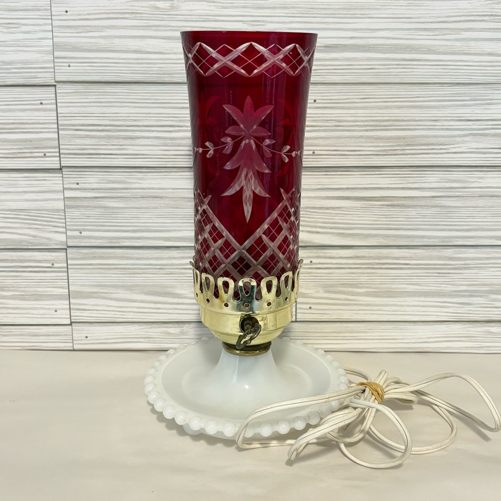 Vintage Cranberry Cut To Clear Table Lamp With Hobnail Milk Glass Base 11”